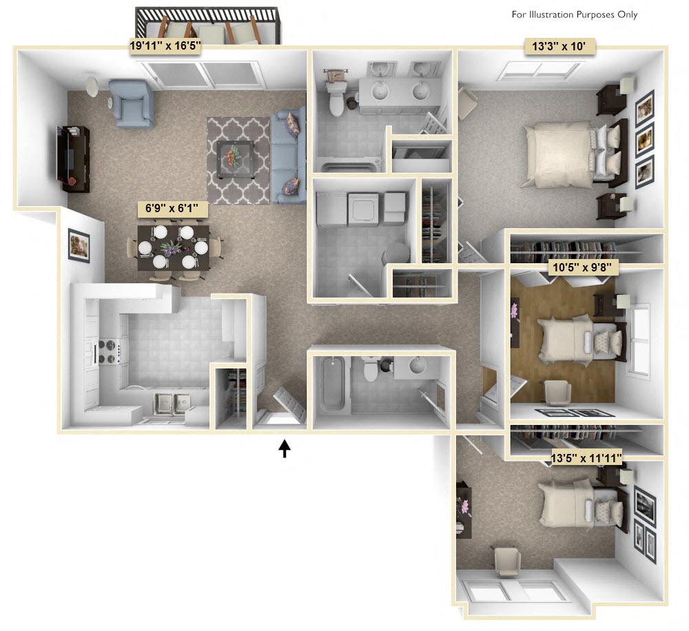 Floor plan for 3 beds, 2 baths, 1143 sqft